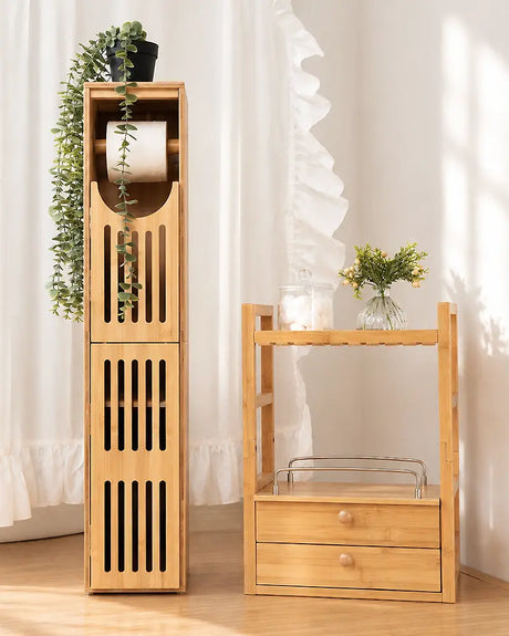 AmazerBath tall bamboo storage cabinet and countertop vanity organizer styled in a bright bathroom
