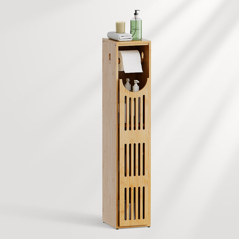 AmazerBath slim bamboo toilet paper storage cabinet with a top shelf, open roll dispenser, and louvered lower doors.