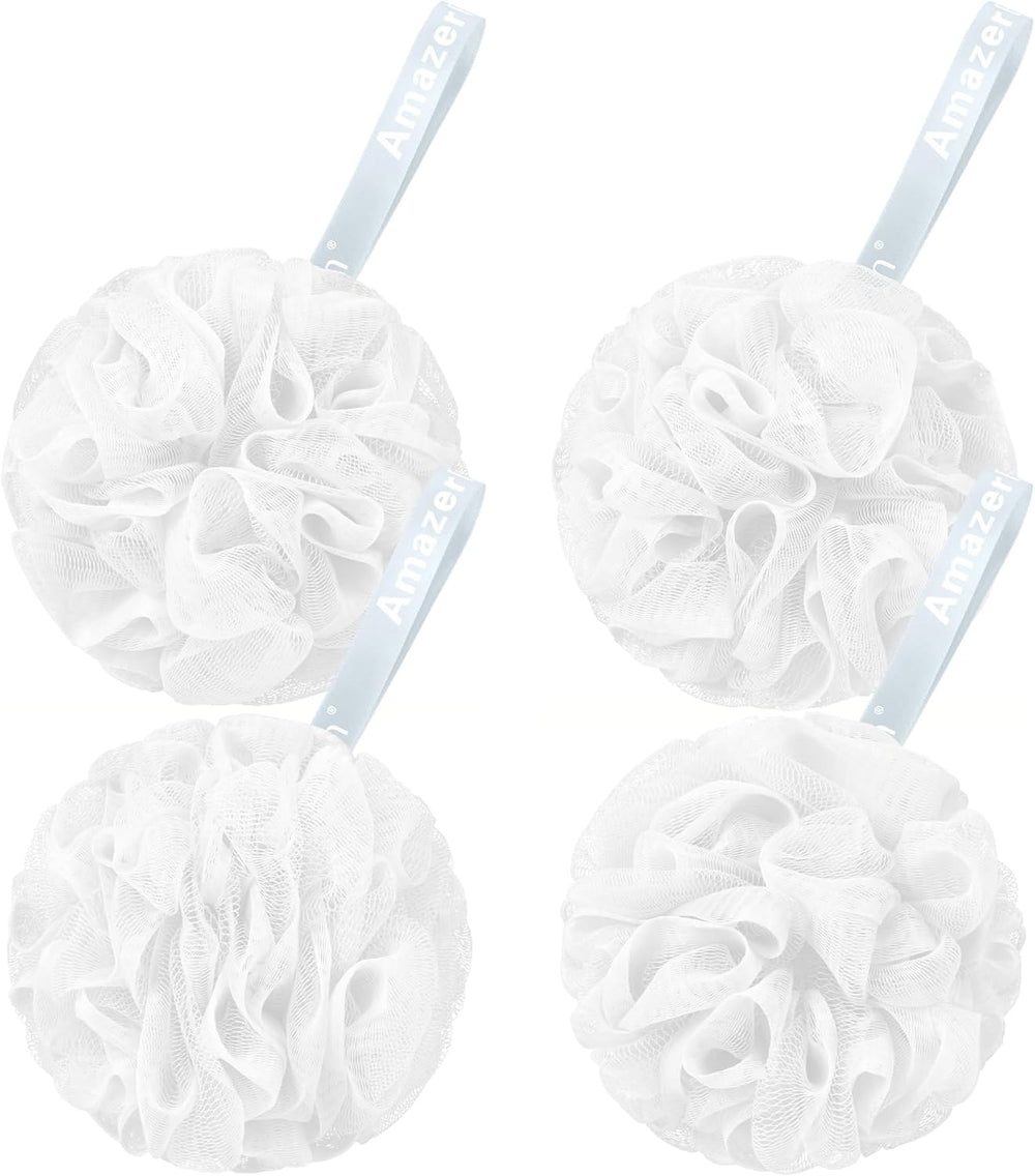 Four white bath poufs with blue hanging straps on a white background