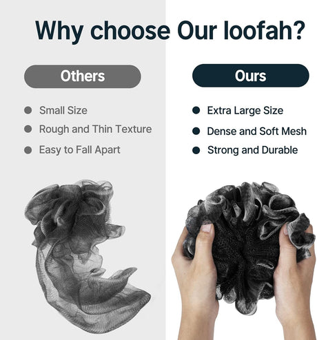 Comparison of a loofah labeled 'Others' and 'Ours' with text highlighting features.