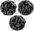 Three black bath pouf sponges with 'mazerBath' branding on a white background