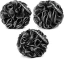 Three black bath pouf sponges with 'mazerBath' branding on a white background