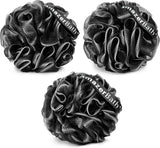 Three black bath pouf sponges with 'mazerBath' branding on a white background