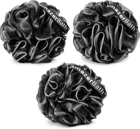 Three black bath pouf sponges with 'mazerBath' branding on a white background