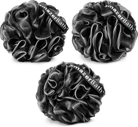 Three black bath pouf sponges with 'mazerBath' branding on a white background