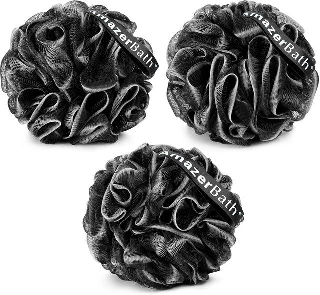 Three black bath pouf sponges with 'mazerBath' branding on a white background