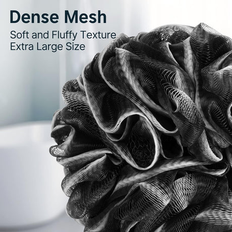 Black and white dense mesh scrubber with text describing its features.