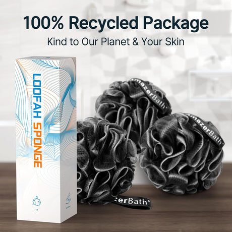 Loofah sponges with packaging and '100% Recycled Package' text.