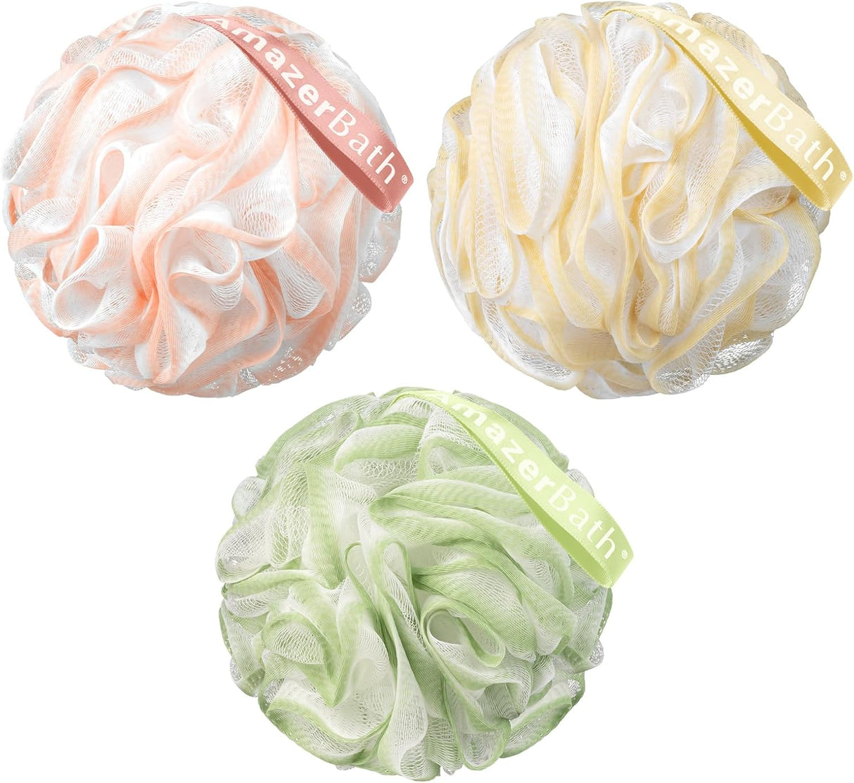 Three mesh bath pouf balls in pink, yellow, and green with 'AmazerBath' branding.