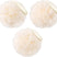 Three cream-colored bath poufs with a brand label on a white background