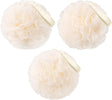 Three cream-colored bath poufs with a brand label on a white background