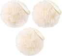 Three cream-colored bath poufs with a brand label on a white background