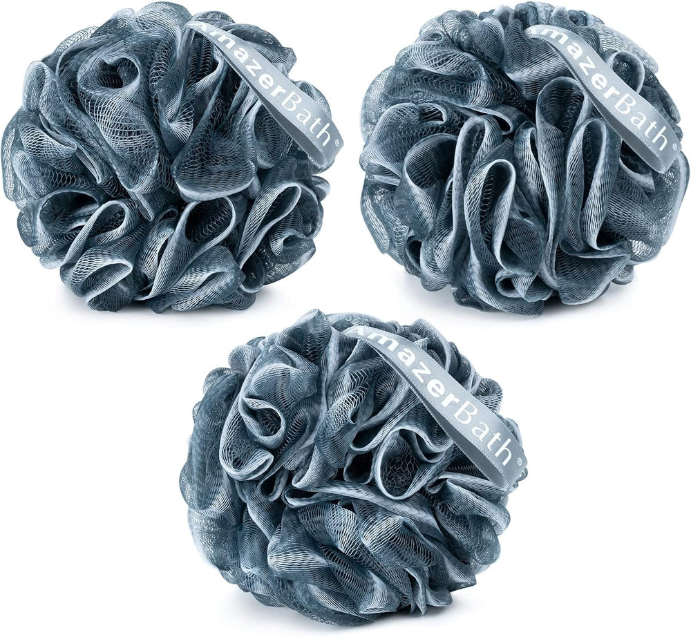 Three gray bath pouf sponges with 'BrazerBath' branding on a white background