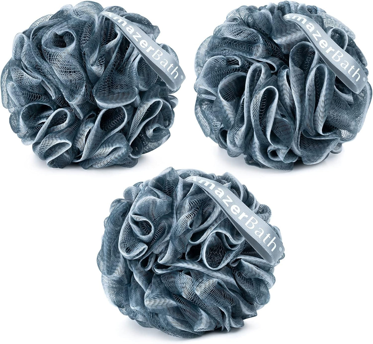 Three gray bath pouf sponges with 'BrazerBath' branding on a white background