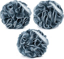 Three gray bath pouf sponges with 'BrazerBath' branding on a white background
