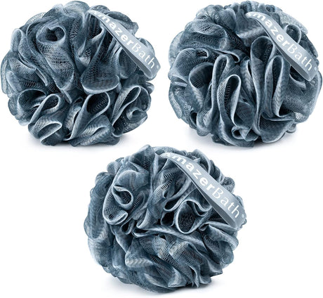 Three gray bath pouf sponges with 'BrazerBath' branding on a white background