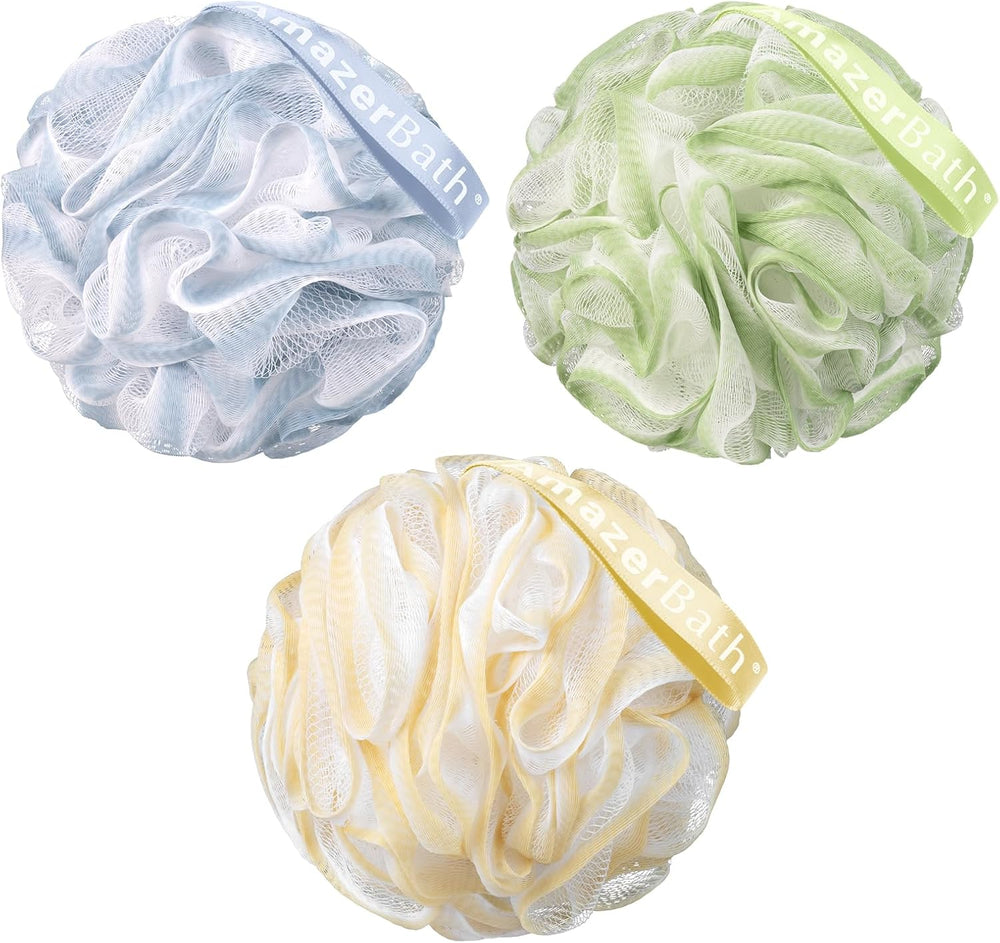 Three bath pouf balls in blue, green, and yellow with 'Nazerbath' branding on a white background.
