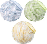 Three bath pouf balls in blue, green, and yellow with 'Nazerbath' branding on a white background.