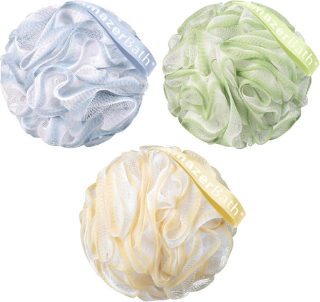 Three bath pouf balls in blue, green, and yellow with 'Nazerbath' branding on a white background.