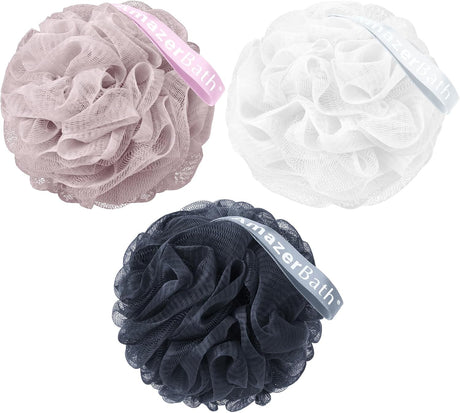 Three mesh bath pouf sponges in gray, white, and black with 'BrazerBath' branding on a white background.