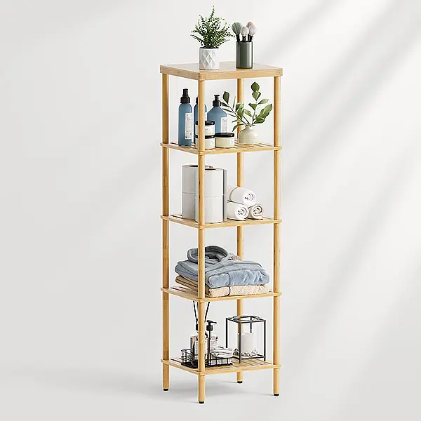 AmazerBath four-tier bamboo bathroom storage shelf styled with towels, toiletries, and plants