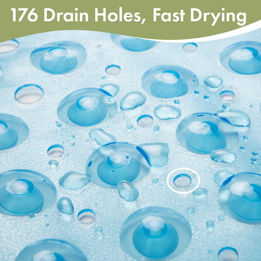 Blue Bath Mat with drain holes on a textured blue surface, text '176 Drain Holes, Fast Drying' at the top.