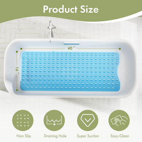 Rectangular bath mat with measurements and features on a bathroom background