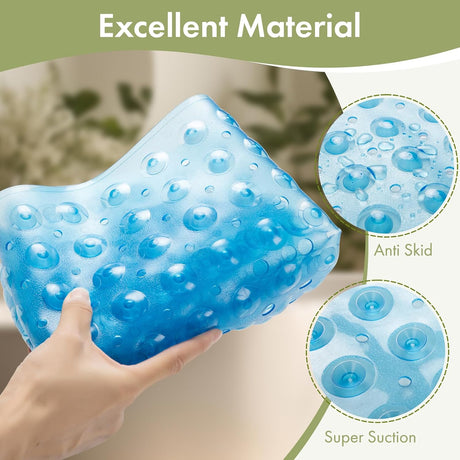Blue gel pillow with text 'Excellent Material' and close-up details on texture and suction.