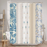 Shower curtain with blue and beige patterns in a bathroom setting