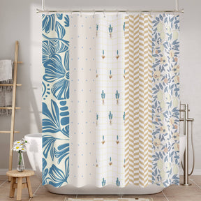 Shower curtain with blue and beige patterns in a bathroom setting