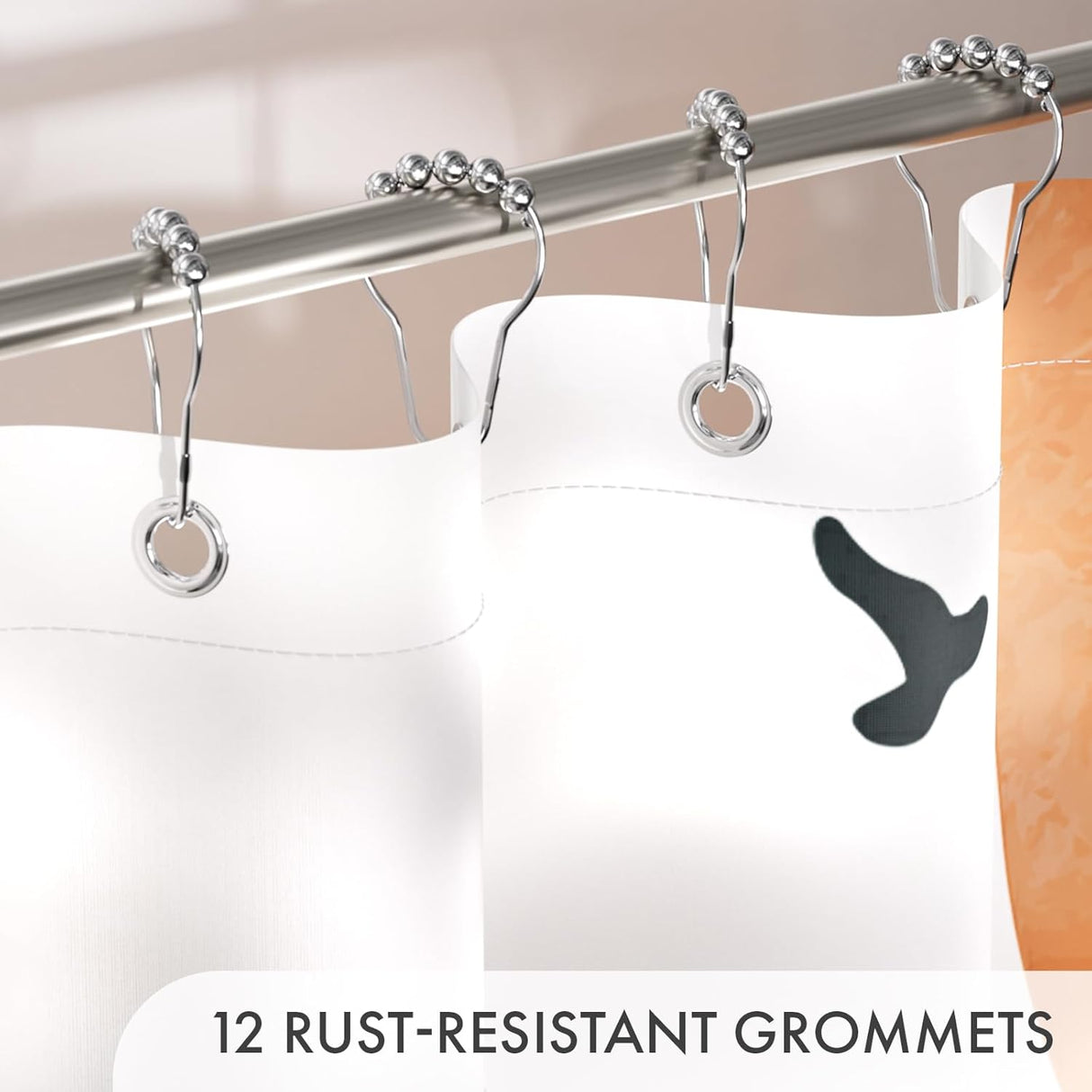 Curtain with rust-resistant grommets attached to a rod, with text indicating quantity.