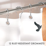 Curtain with rust-resistant grommets attached to a rod, with text indicating quantity.