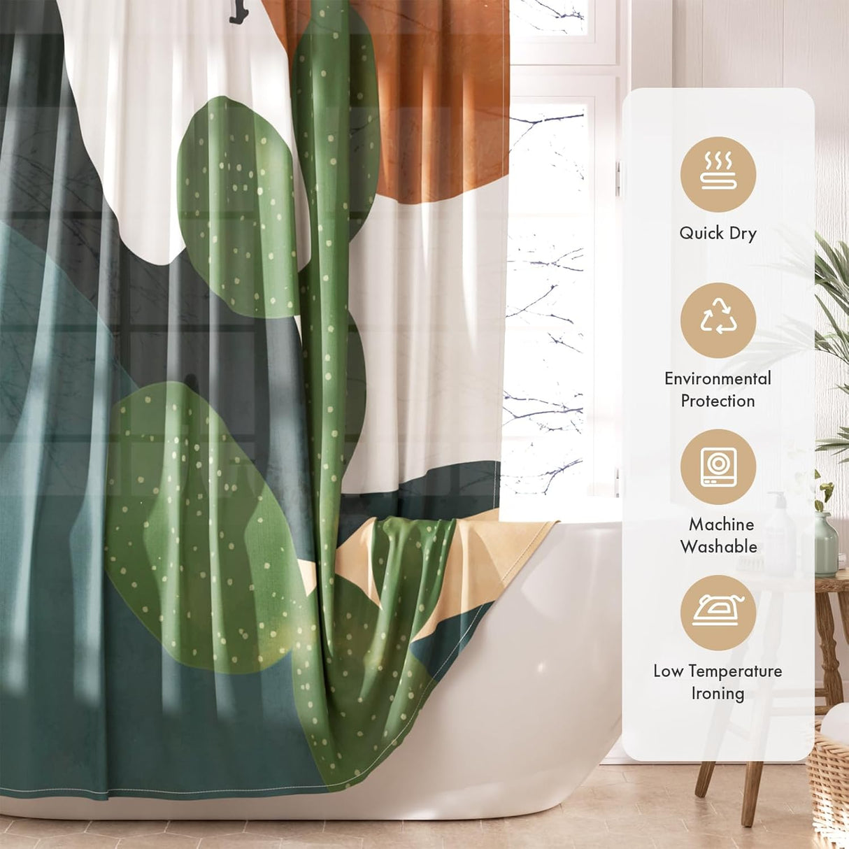 Shower curtain with cactus design and features on the right