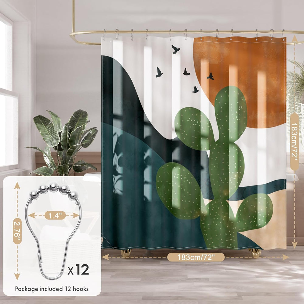 Shower curtain with cactus design and included hooks on a wooden floor.