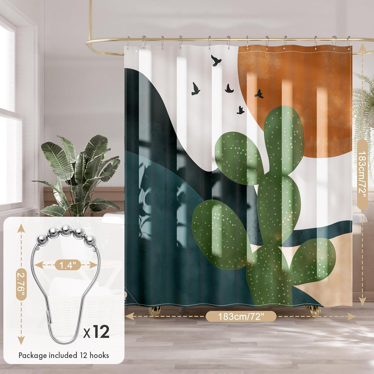 Shower curtain with cactus design and included hooks on a wooden floor.