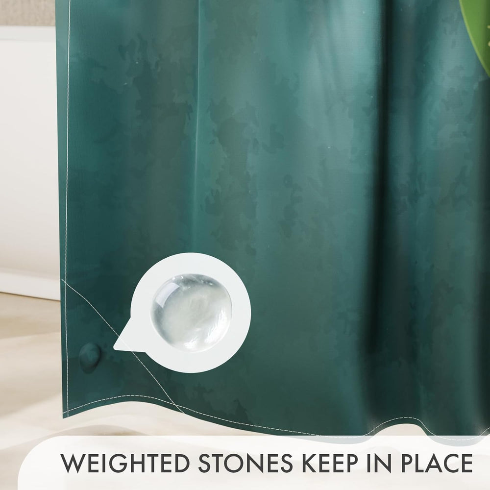 Green curtain with a weighted stone on a beige surface, labeled 'Weighted stones keep in place'.