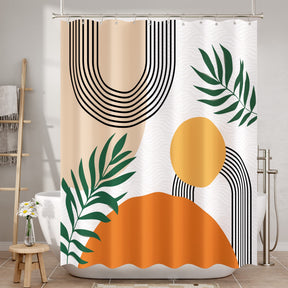 Shower curtain with geometric design featuring circles, leaves, and a sun in orange, green, and black.