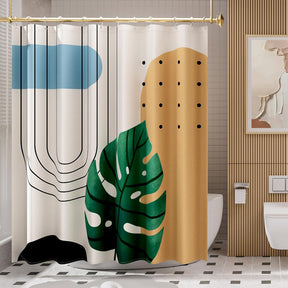A shower curtain featuring an abstract design with geometric shapes and leaf patterns in beige, black, green, and orange colors.