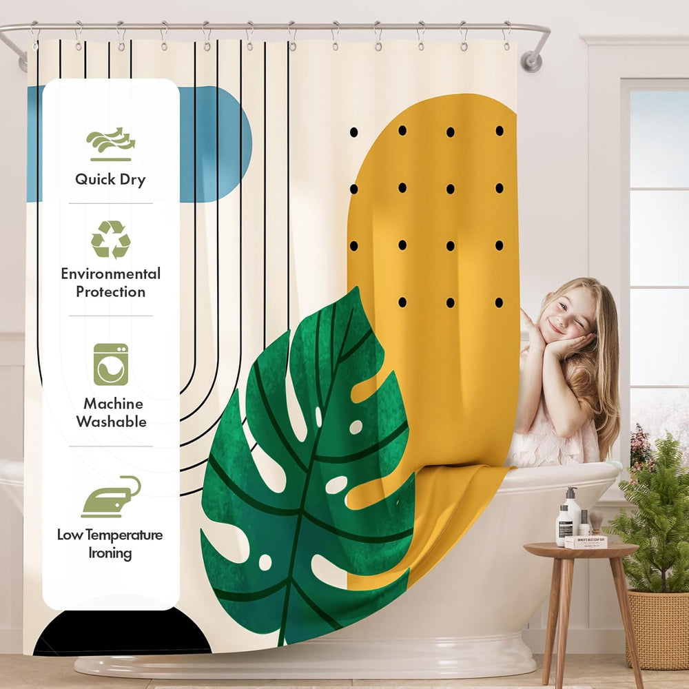 Shower curtain with leaf design and product features on a bathroom setting