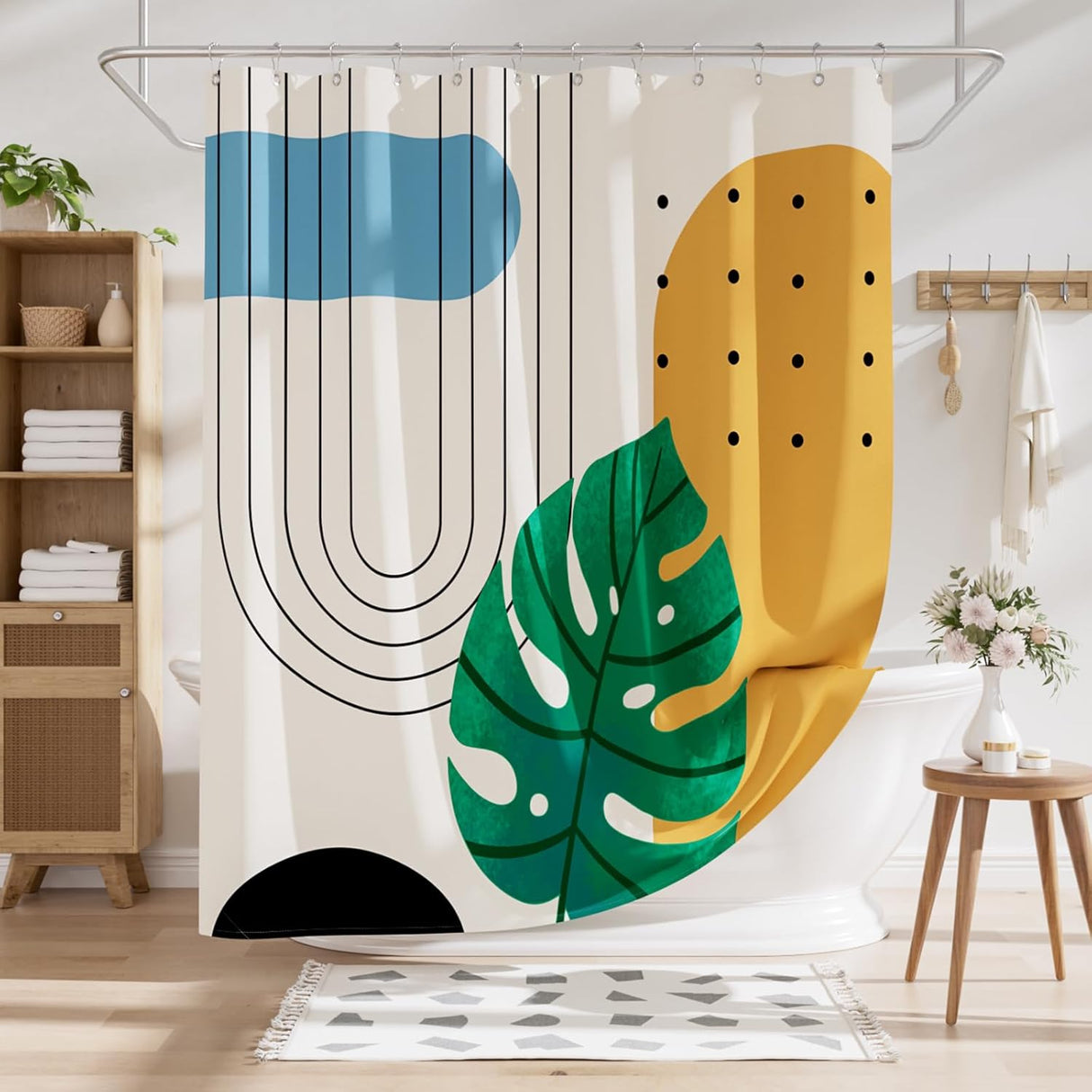 Shower curtain with abstract leaf design in a bathroom setting