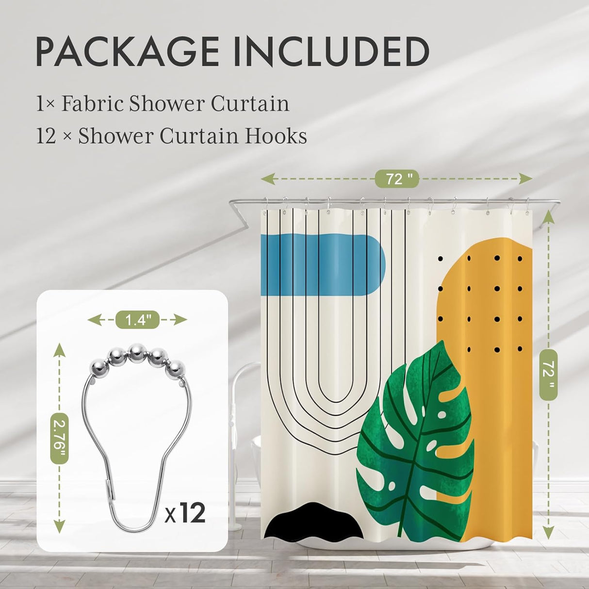 Shower curtain with hooks and leaf design on a gray background