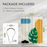 Shower curtain with hooks and leaf design on a gray background