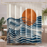 A shower curtain featuring an abstract design with geometric shapes and leaf patterns in beige, black, green, and orange colors.