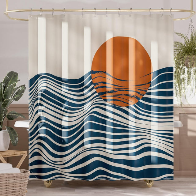 A shower curtain featuring an abstract design with geometric shapes and leaf patterns in beige, black, green, and orange colors.