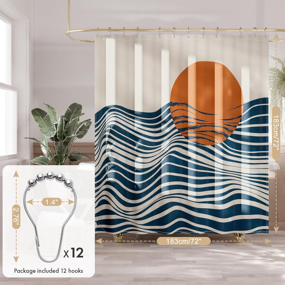 Shower curtain with wave and sun design in a bathroom setting, including measurements and hook set.