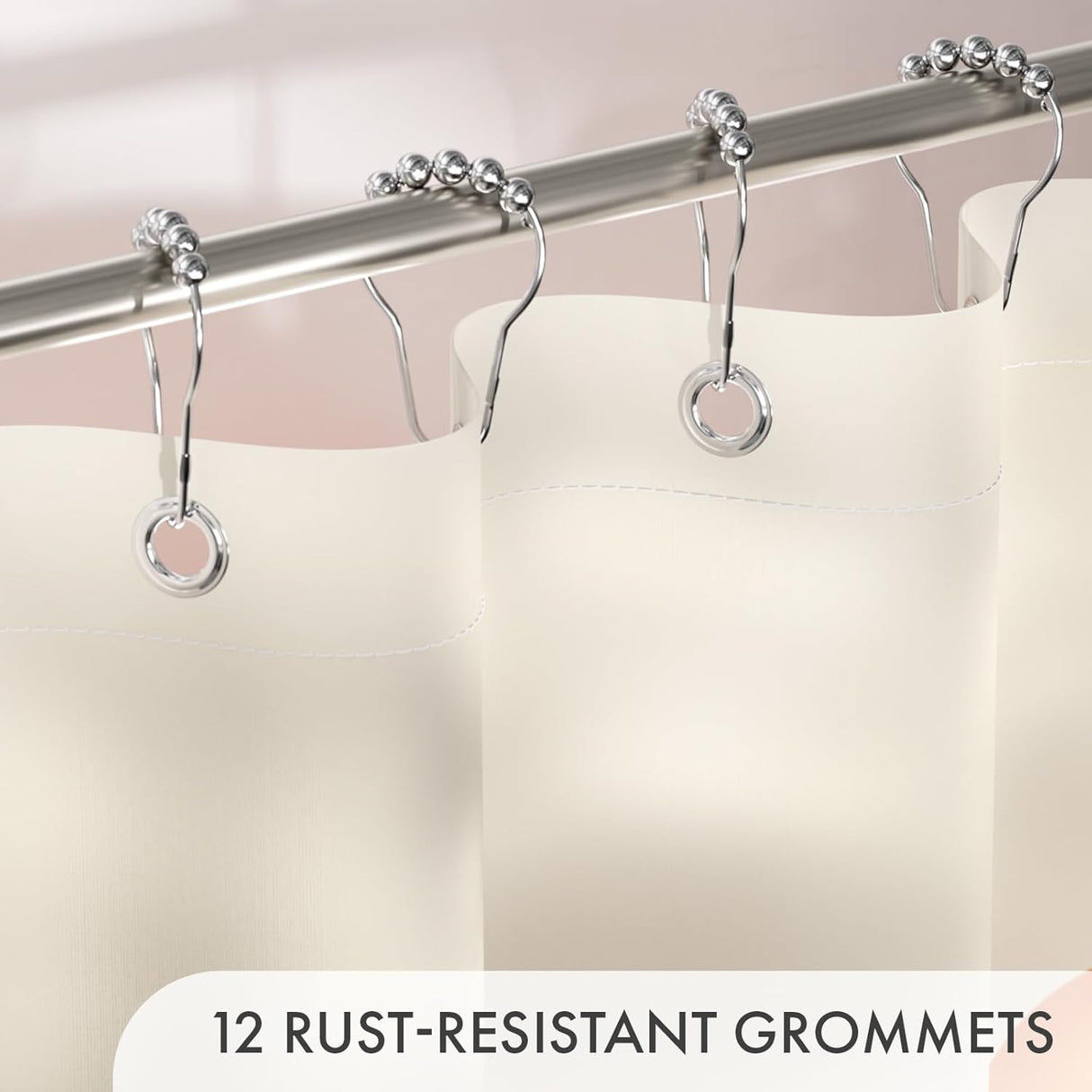 Shiny shower curtain hooks on a rod with text '12 Rust-Resistant Grommets' on a beige background