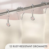 Shiny shower curtain hooks on a rod with text '12 Rust-Resistant Grommets' on a beige background