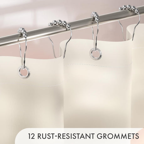 Shiny shower curtain hooks on a rod with text '12 Rust-Resistant Grommets' on a beige background