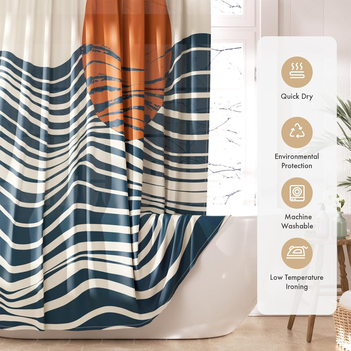 Boho shower curtain with a box detailing care instructions.