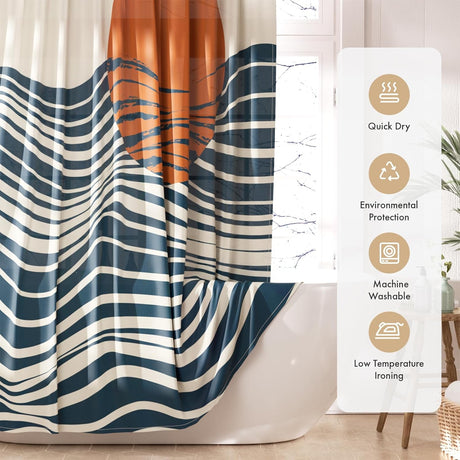 Boho shower curtain with a box detailing care instructions.